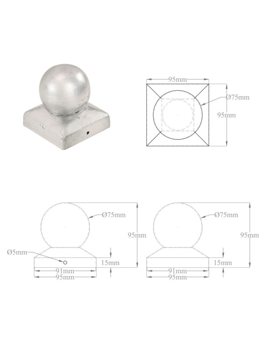Krytky na plotové sloupky 6 ks s koulí pozinkovaný kov 91x91 mm