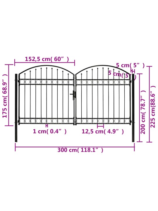 Dvoukřídlá zahradní brána s obloukem ocel 300 x 175 cm černá