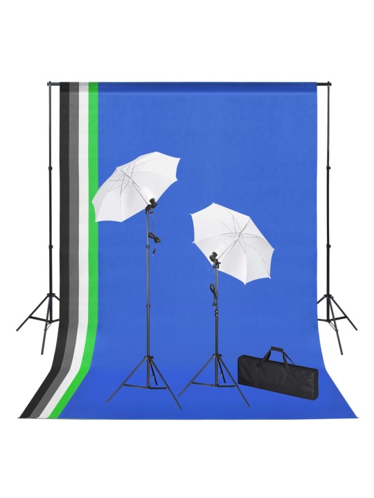 Foto studio set s pozadím, osvětlením a deštníky