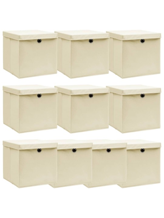 Úložné boxy s víky 10 ks krémové 32 x 32 x 32 cm textil
