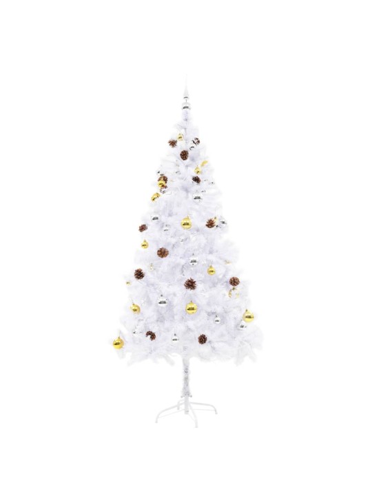 Vánoční stromek s LED osvětlením a baňkami bílý 180 cm