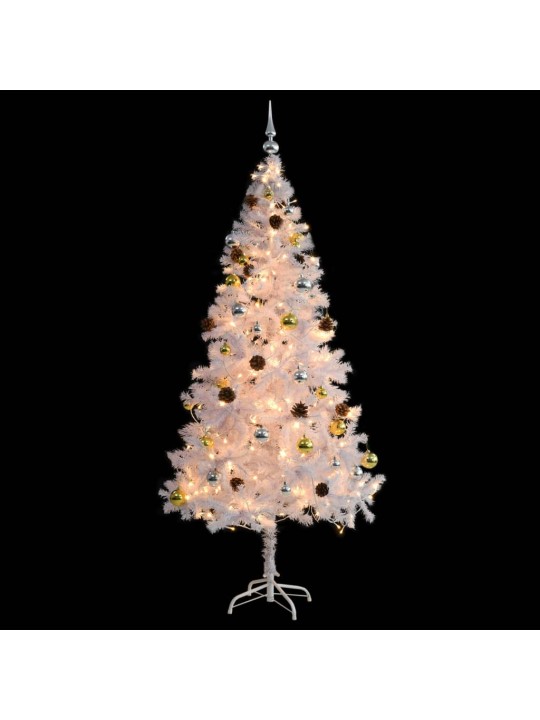 Vánoční stromek s LED osvětlením a baňkami bílý 180 cm