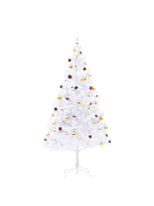 Vánoční stromek s LED osvětlením a baňkami bílý 210 cm