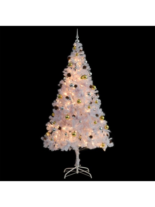 Vánoční stromek s LED osvětlením a baňkami bílý 210 cm