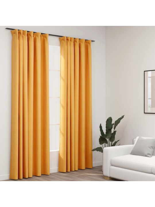 Zatemňovací závěsy s háčky vzhled lnu 2 ks žluté 140 x 245 cm