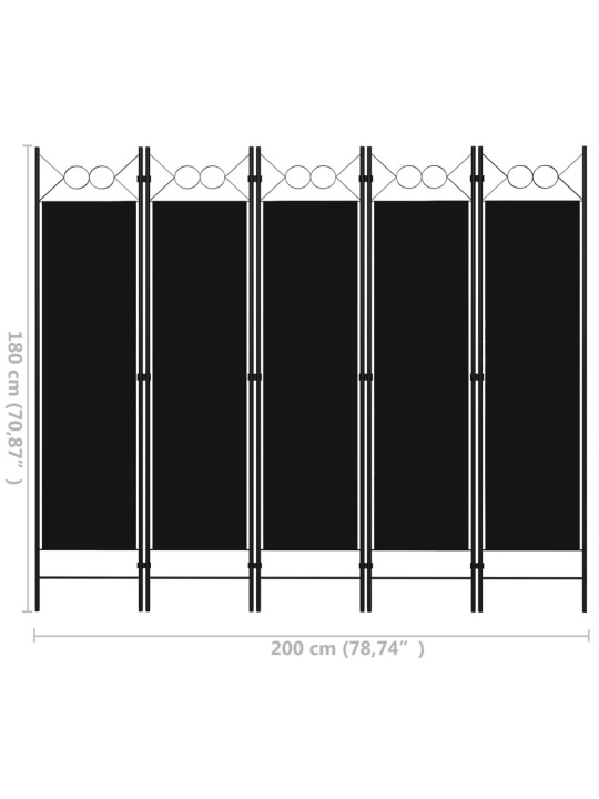 5dílný skládací paraván černý 200 x 180 cm