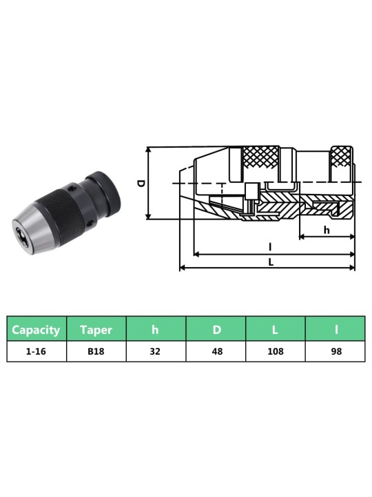Rychloupínací sklíčidlo MT3–B18 s rozsahem 16 mm upínací rozsah
