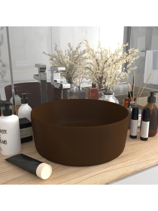 Luxusní umyvadlo kulaté matné tmavě hnědé 40 x 15 cm keramické
