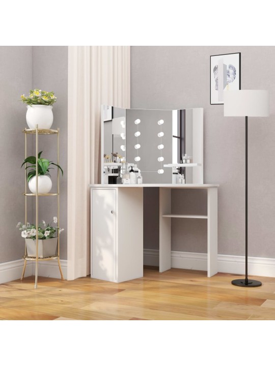 Rohový toaletní stolek na líčení s LED světlem bílý
