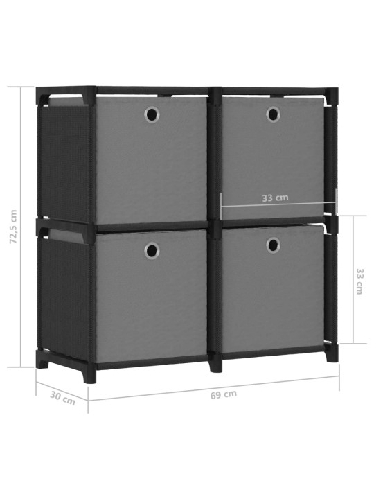 Výstavní police 4 přihrádky s boxy černá 69x30x72,5 cm textil