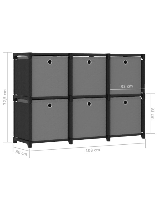 Výstavní police 6 přihrádek s boxy černá 103x30x72,5 cm textil