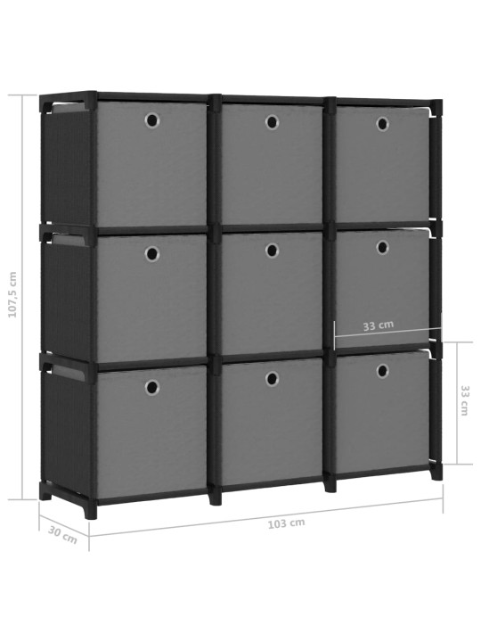 Výstavní police 9 přihrádek s boxy černá 103x30x107,5 cm textil