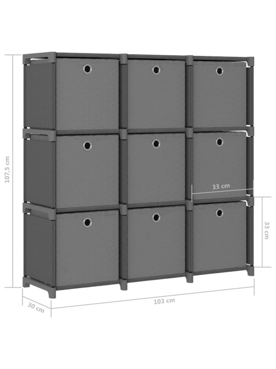 Výstavní police 9 přihrádek s boxy šedá 103x30x107,5 cm textil