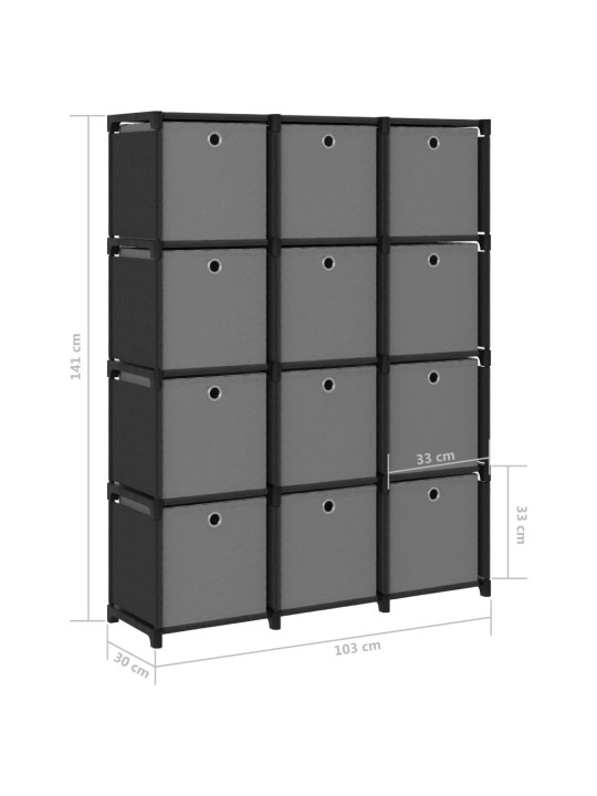 Výstavní police 12 přihrádek s boxy černé 103x30x141 cm textil