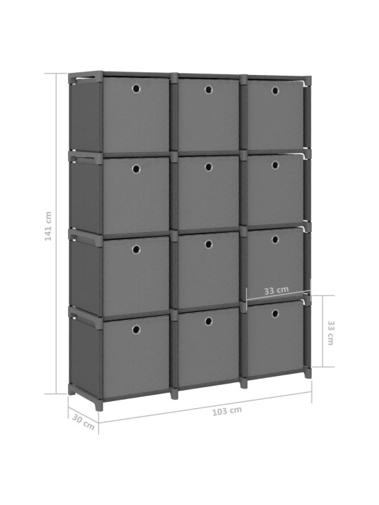 Výstavní police 12 přihrádek s boxy šedá 103x30x141 cm textil