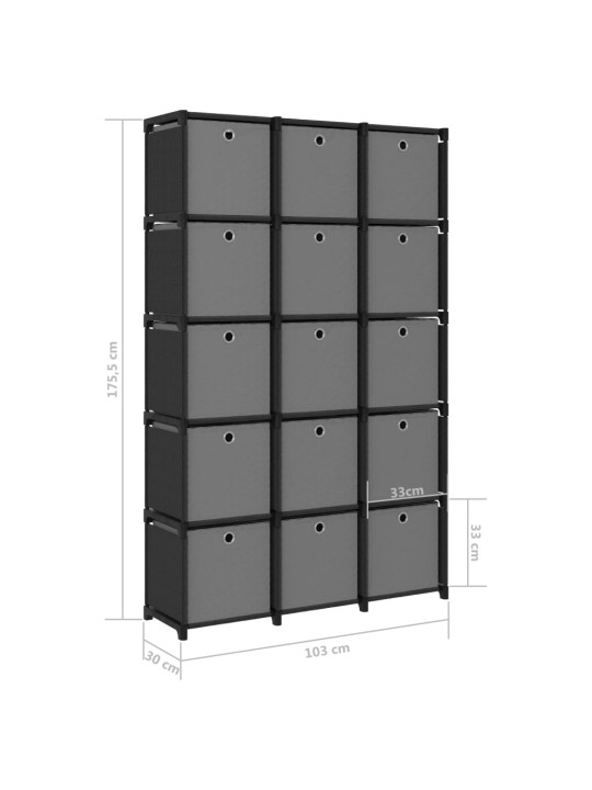 Výstavní police 15 přihrádek s boxy černá 103x30x175,5cm textil