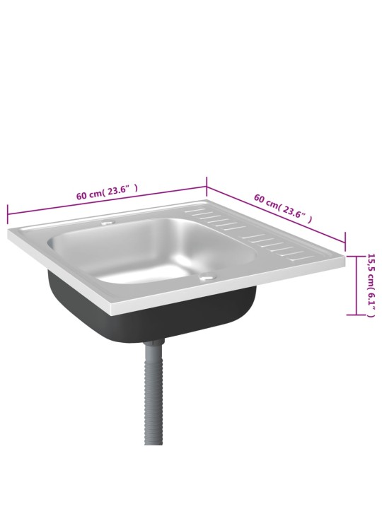 Kuchyňský dřez s odtokem stříbrný 600x600x155 mm nerezová ocel