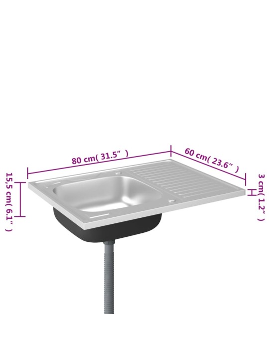 Kuchyňský dřez s odtokem stříbrný 800x600x155 mm nerezová ocel
