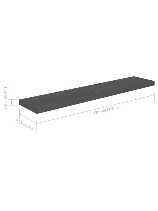 Plovoucí nástěnná police šedá vysoký lesk 120x23,5x3,8 cm MDF