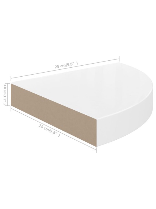 Plovoucí rohová police bílá vysoký lesk 25 x 25 x 3,8 cm MDF