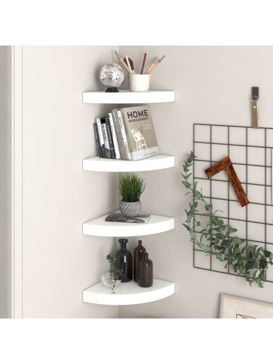 Plovoucí rohové police 4 ks bílé vysoký lesk 25x25x3,8 cm MDF