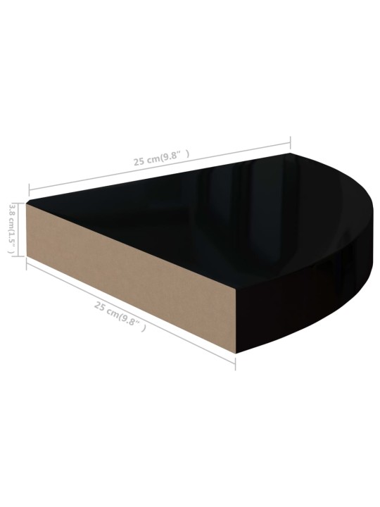 Plovoucí rohové police 2 ks černé vysoký lesk 25x25x3,8 cm MDF
