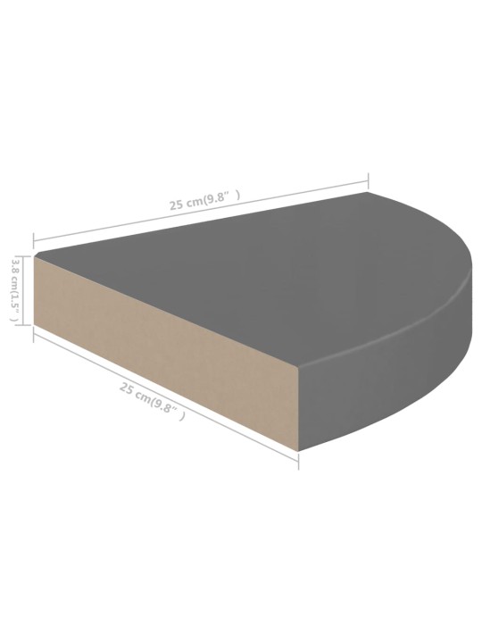 Plovoucí rohové police 4 ks šedé vysoký lesk 25x25x3,8 cm MDF