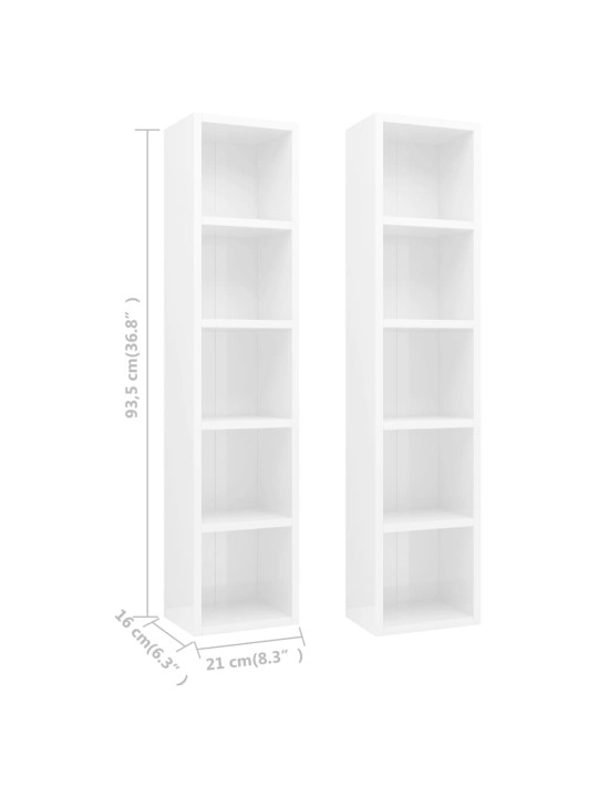 Skříňky na CD 2 ks bílé vysoký lesk 21x16x93,5 cm dřevotříska