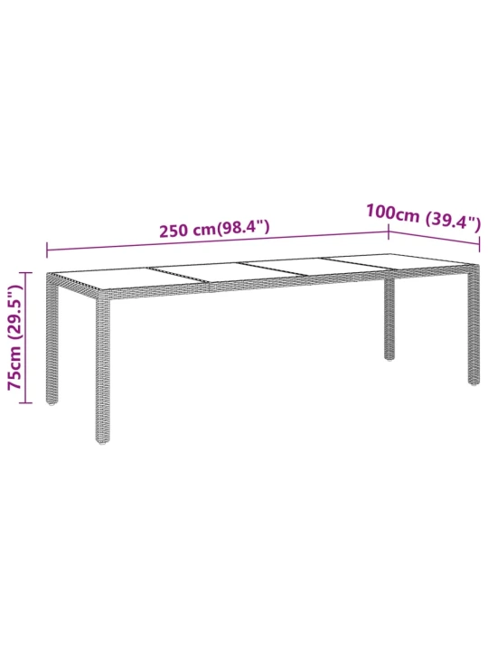 Zahradní stůl 250 x 100 x 75 cm tvrzené sklo a polyratan šedý