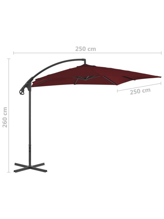 Boční zahradní slunečník s ocelovou tyčí 250 x 250 cm bordó