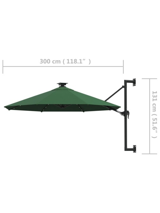 Nástěnný zahradní slunečník s LED 300 cm zelený