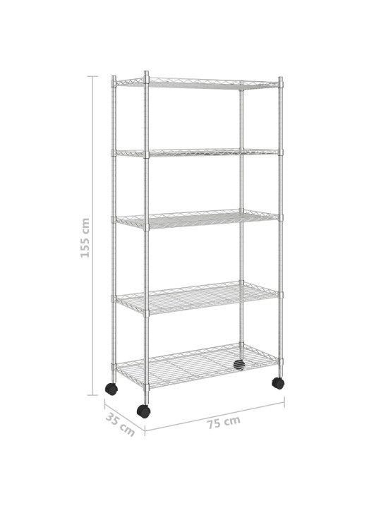 Úložný regál 5 polic 75x35x155 cm s kolečky chromovaný 250 kg