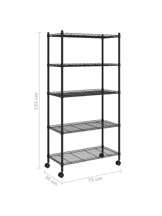 Úložný regál 5 polic 75 x 35 x 155 cm s kolečky černý 250 kg