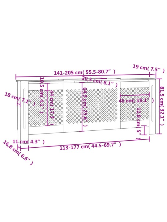 Kryt na radiátor MDF šedý 205 cm