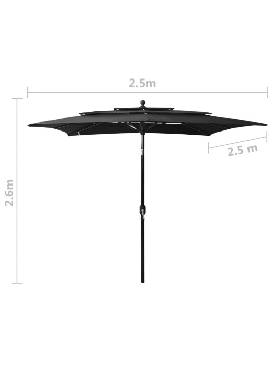 3stupňový zahradní slunečník s hliníkovou tyčí černý 2,5x2,5 m