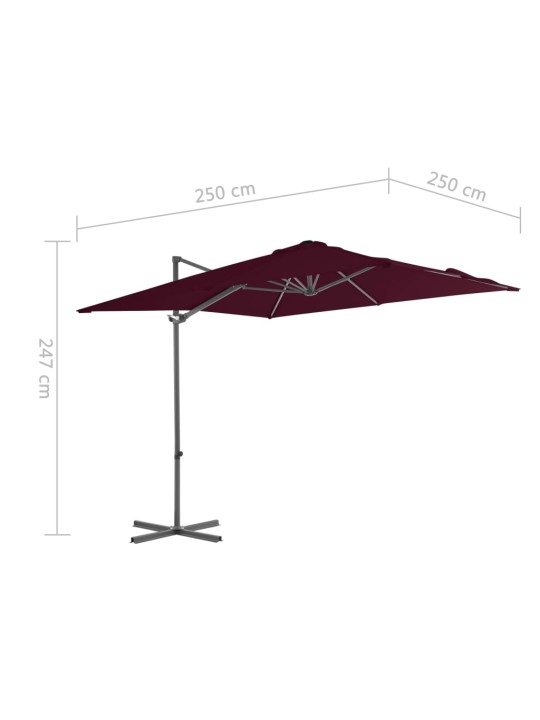 Boční zahradní slunečník s ocelovou tyčí bordó 250 x 250 cm