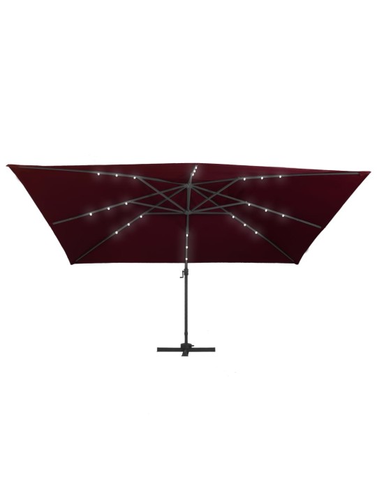 Boční zahradní slunečník s LED osvětlením bordó 400 x 300 cm