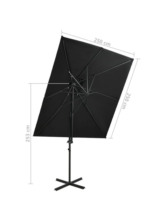 Boční zahradní slunečník s dvojitou stříškou černý 250 x 250 cm