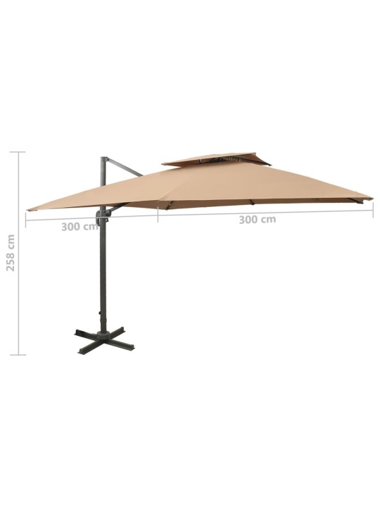 Boční zahradní slunečník s dvojitou stříškou 300 x 300 cm taupe
