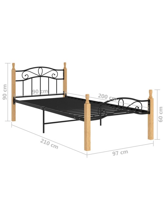 Rám postele černý kov a masivní dubové dřevo 90 x 200 cm
