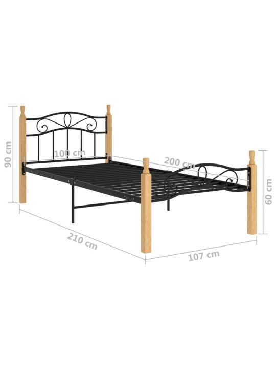 Rám postele černý kov a masivní dubové dřevo 100 x 200 cm