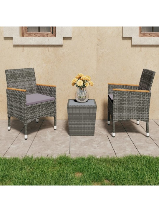 3dílný bistro set polyratan a tvrzené sklo šedý
