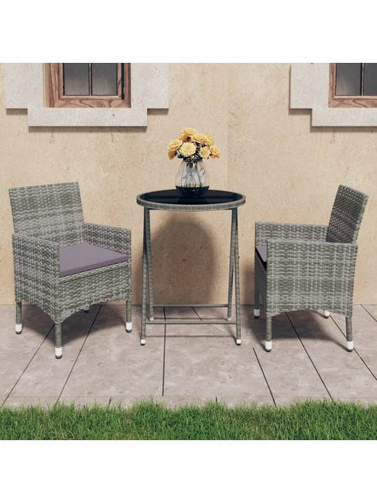 3dílný zahradní bistro set polyratan a tvrzené sklo šedý