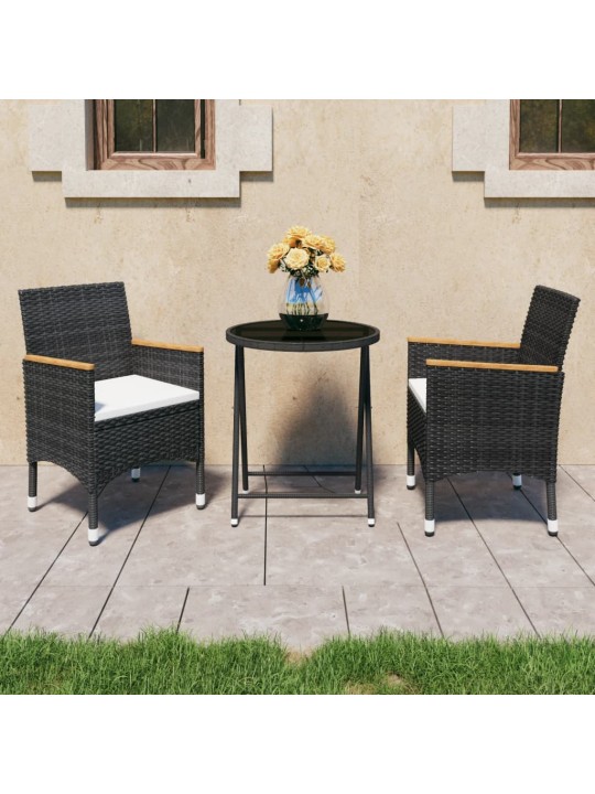 3dílný zahradní bistro set polyratan a tvrzené sklo černý