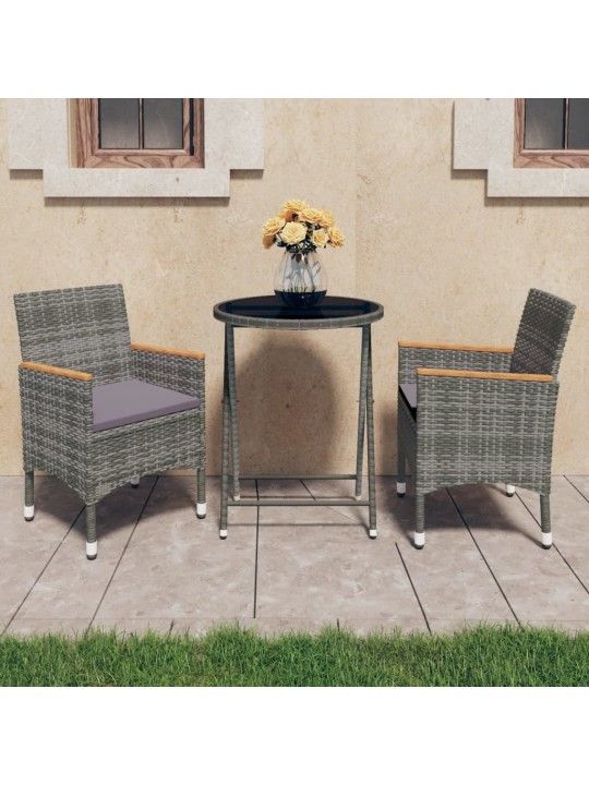3dílný zahradní bistro set polyratan a tvrzené sklo šedý
