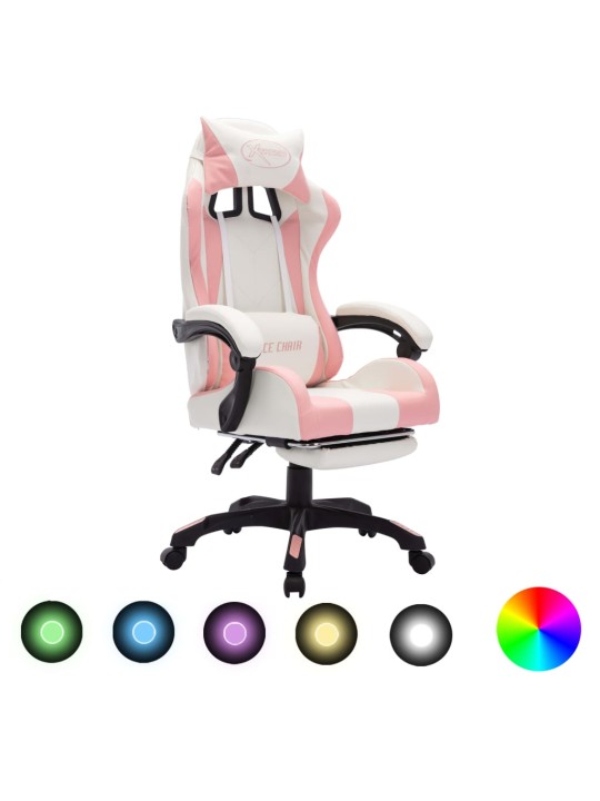 Herní židle s RGB LED podsvícením růžovo-bílá umělá kůže