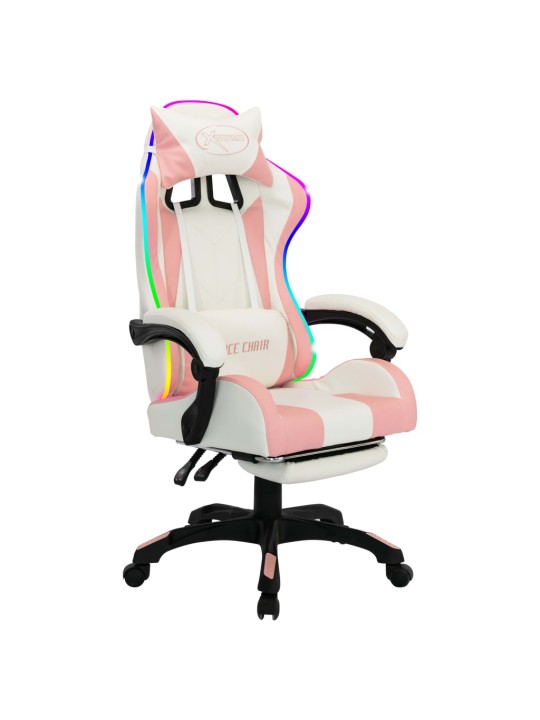 Herní židle s RGB LED podsvícením růžovo-bílá umělá kůže