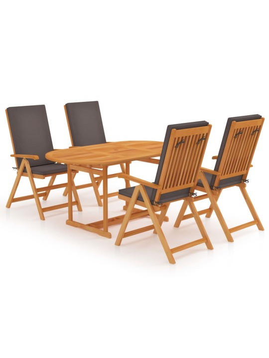 5dílný zahradní jídelní set s šedými poduškami masivní teak