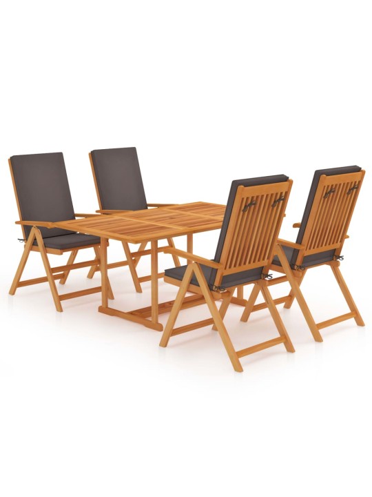 5dílný zahradní jídelní set s šedými poduškami masivní teak