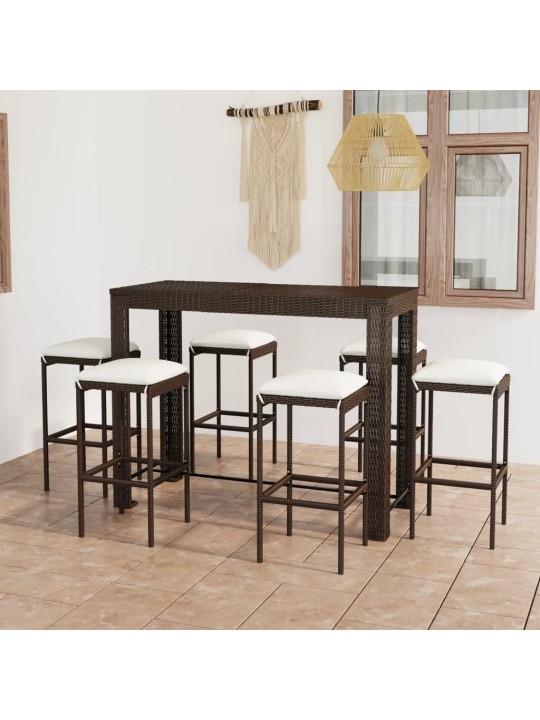 7dílný zahradní barový set s poduškami polyratan hnědý